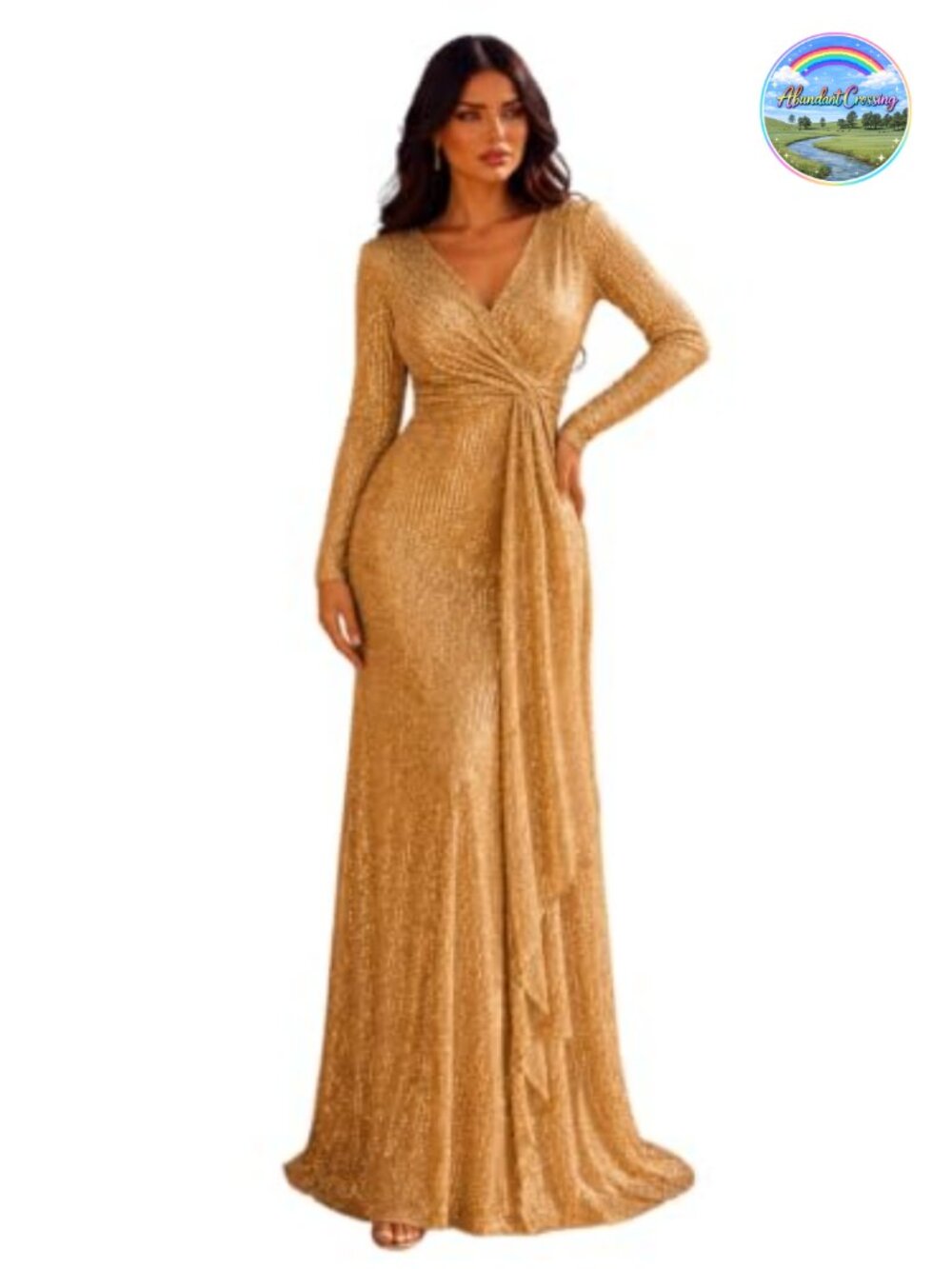 Long Sleeve Sequin Maxi Dress V Neck Formal Prom Gown with Slit